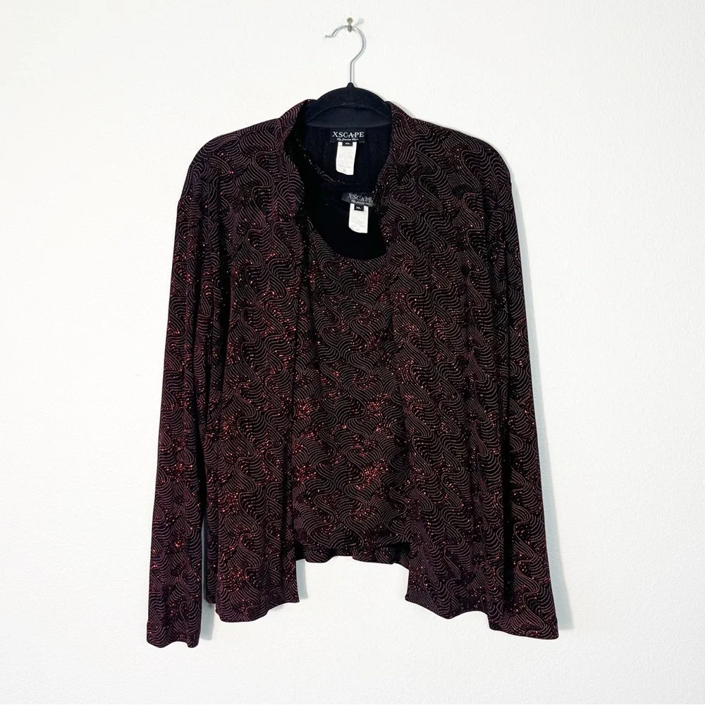 Xscape Black & Red Glitter Knit Twinset Jacket & Tank Top Glam Chic Women’s XL